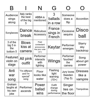 Eurovision bingo Card