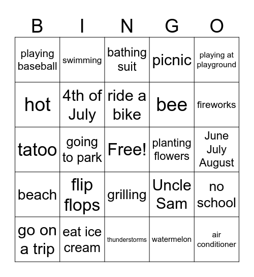 Summer Time Bingo Card