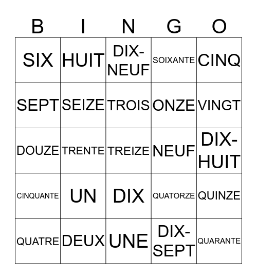 LES NOMBRES Bingo Card