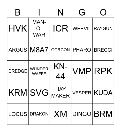 Pack-a-Punch Bingo Card