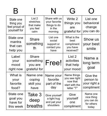 Mental Health Bingo Card