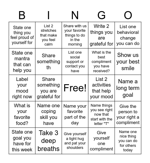 Mental Health Bingo Card