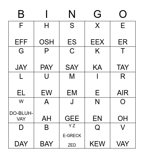 L'ALPHABET Bingo Card