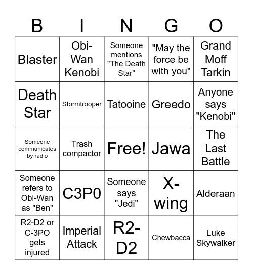 Starwars- A New Hope Bingo Card