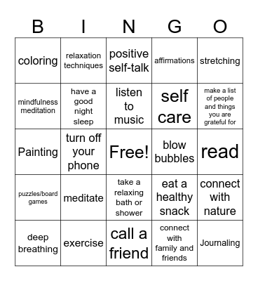 Mental Health Awareness Month - Self Care Bingo Card