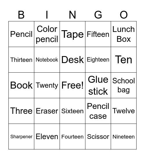 School supplies and colors Bingo Card