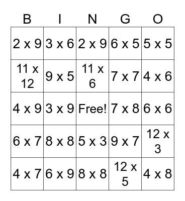 Multiplication BiNGO Card