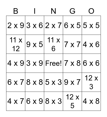 Multiplication BiNGO Card
