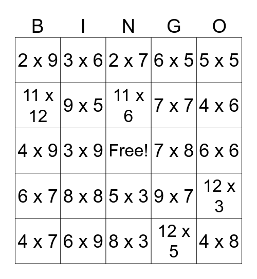 Multiplication BiNGO Card