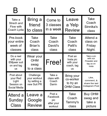 OHM Fitness Bingo Card