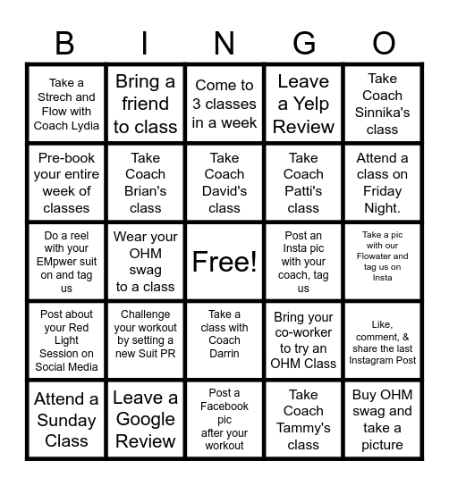 OHM Fitness Bingo Card