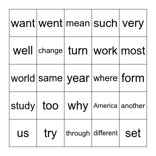 Sight Words Bingo Card