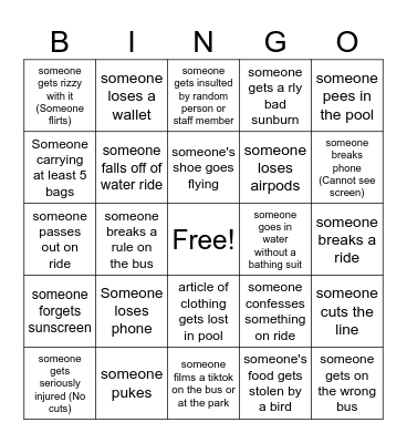 Dorney Park Trip Bingo Card