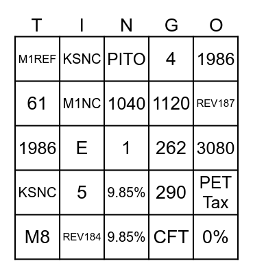 Tingo2 Bingo Card