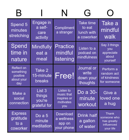 WIN Mindfulness Bingo Card