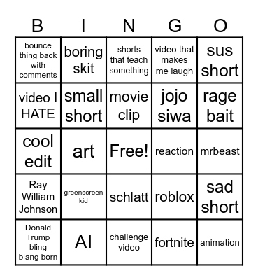 shorts Bingo Card