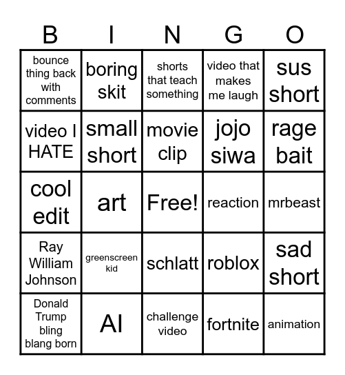 shorts Bingo Card