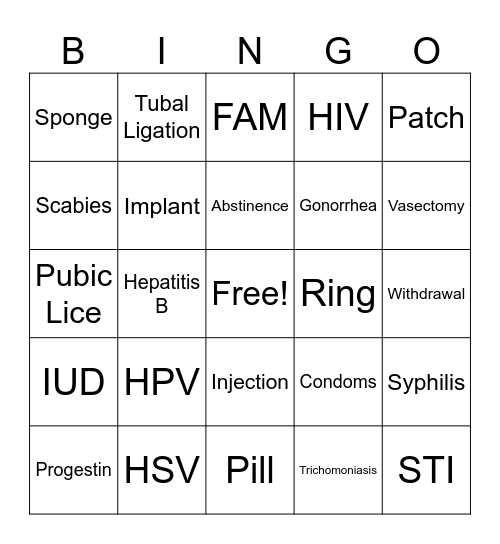 Contraceptive/STI Bingo Card