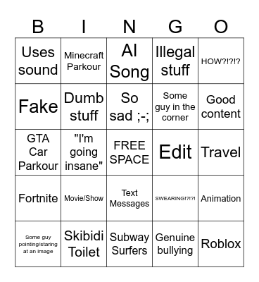 YT Shorts Bingo Card