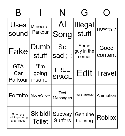 YT Shorts Bingo Card