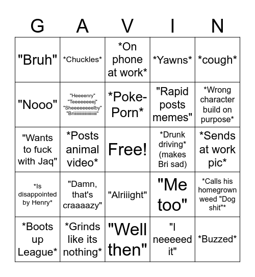 Gavin's Bingo card Bingo Card