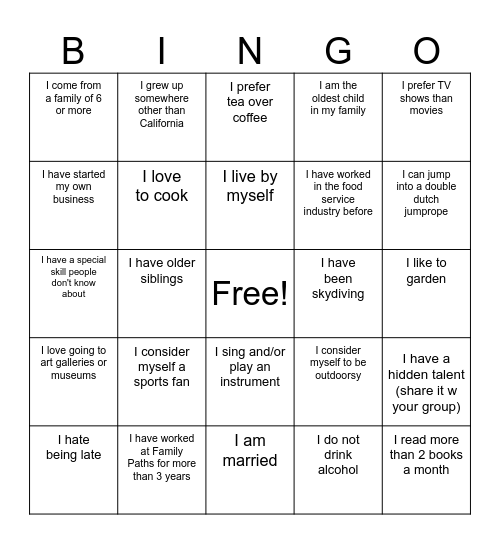 Get to know you- FAMILY PATHS Bingo Card