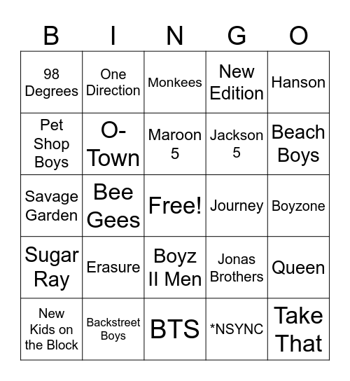 Boy Bands Bingo Card