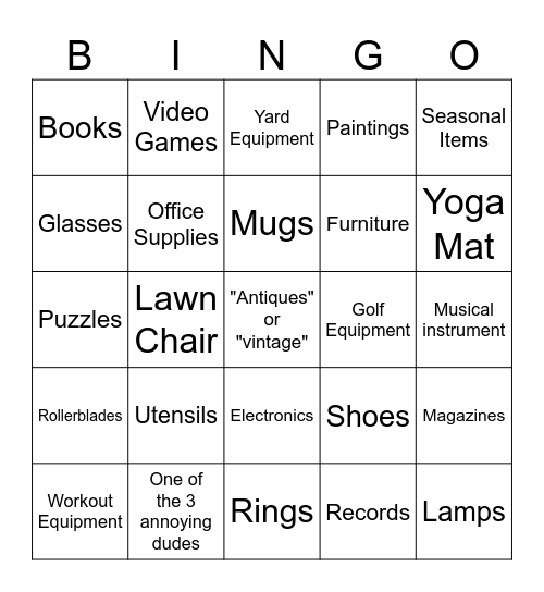 Yardsale Bingo Card