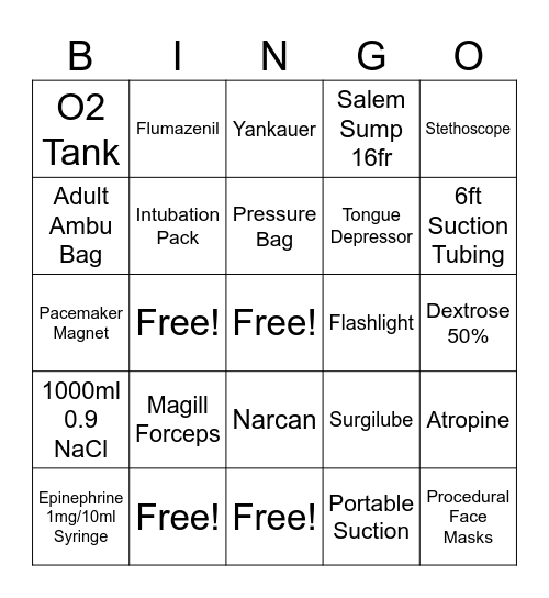 Crash Cart Bingo Card
