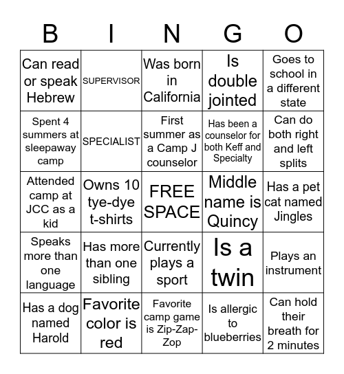 Sample Counselor Bingo Card