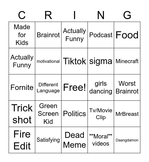 YT shorts Bingo Card