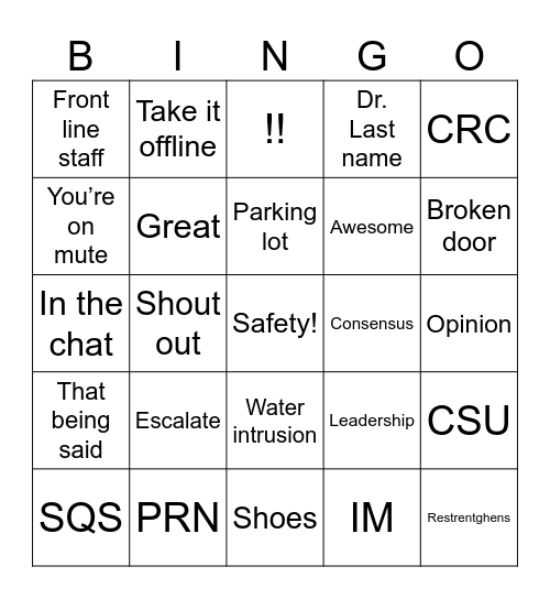 BHCC “SAFETY” HUDDLE BINGO Card