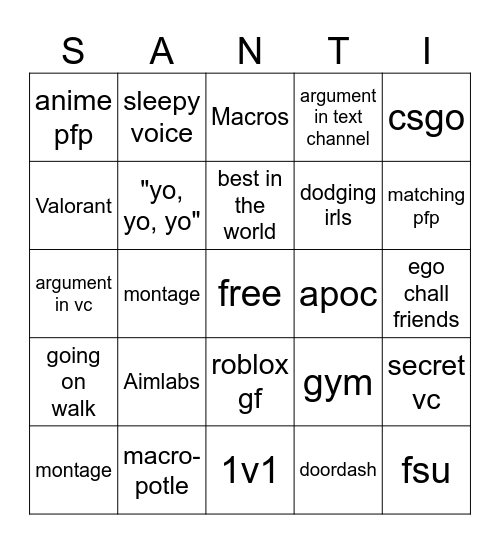 Santi Bingo Card Bingo Card