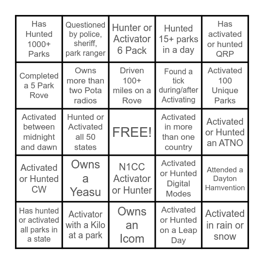 POTA BINGO! Bingo Card