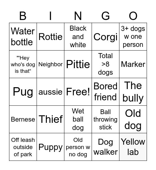Dog Park Bingo Card