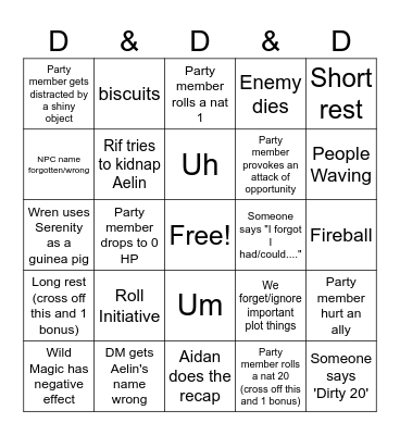 Wildemount D&D&D Bingo Card