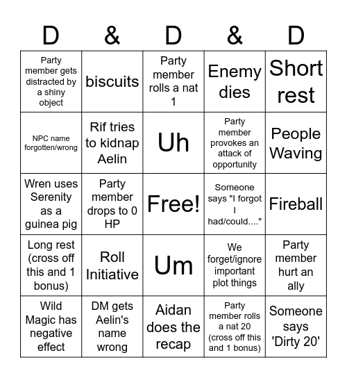 Wildemount D&D&D Bingo Card