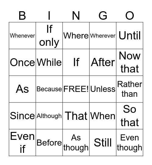 Subordinating Conjunctions Bingo Card