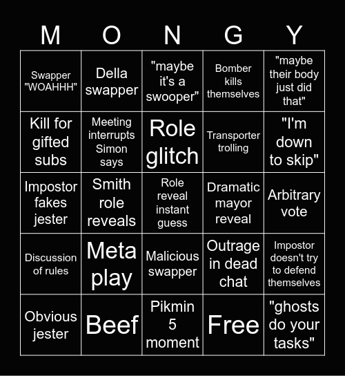 Mongy Bingy Bingo Card