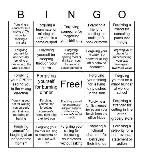 Forgiveness Bingo Card