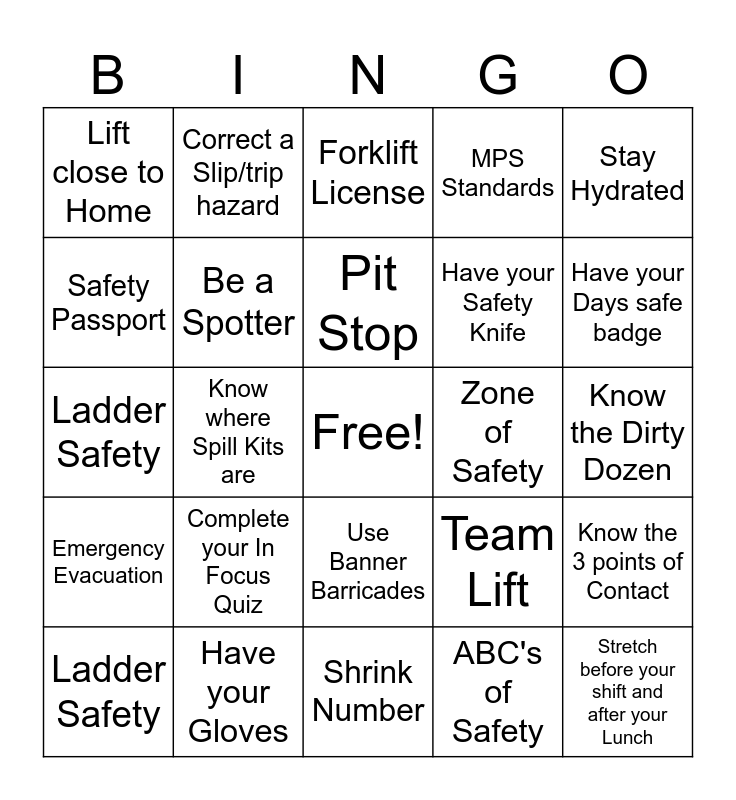 S. Fontana Safety Bingo Card