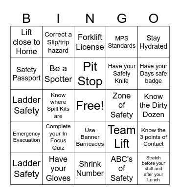 S. Fontana Safety Bingo Card