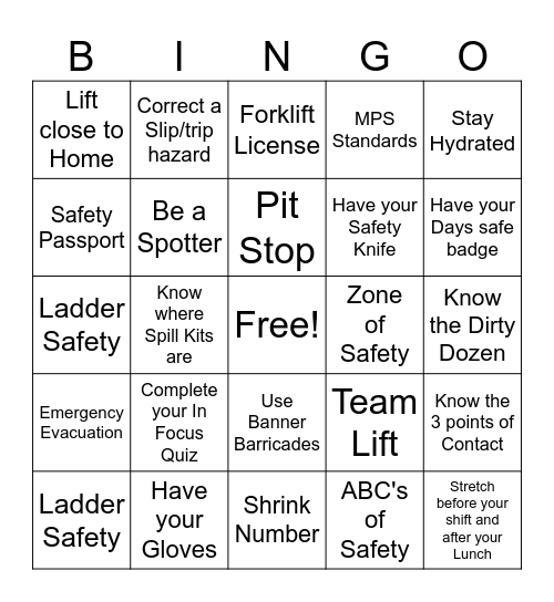 S. Fontana Safety Bingo Card
