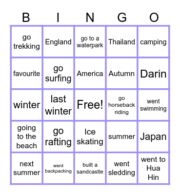 Seasons and Activities Bingo Card