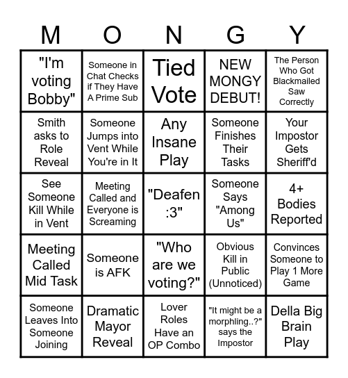 MONGY MONDAY BINGO!!!!! Bingo Card