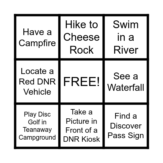 DNR Adventure Bingo Card