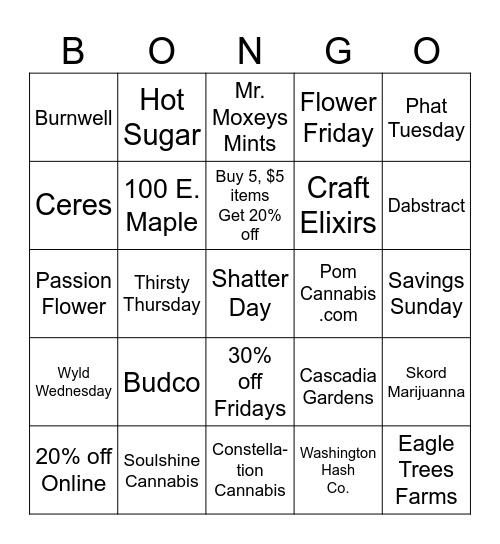 Peace Of Mind Bongo Bingo Card