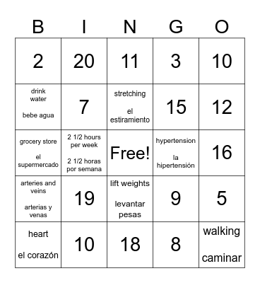 Exercise Bingo Card