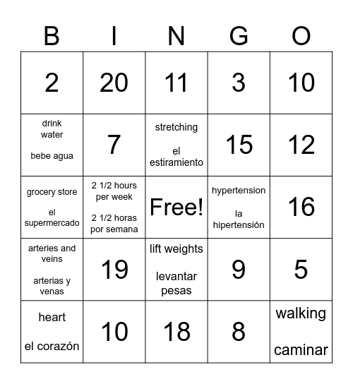 Exercise Bingo Card