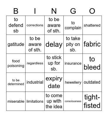 Vocabulary Revision Bingo Card